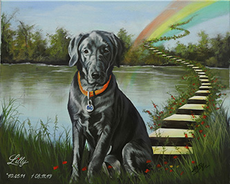 Lilly an der Regenbogenbrücke, Acrylgemälde